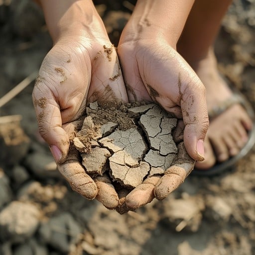 A hand holds dry cracked earth against a background of cracked soil symbolizing drought